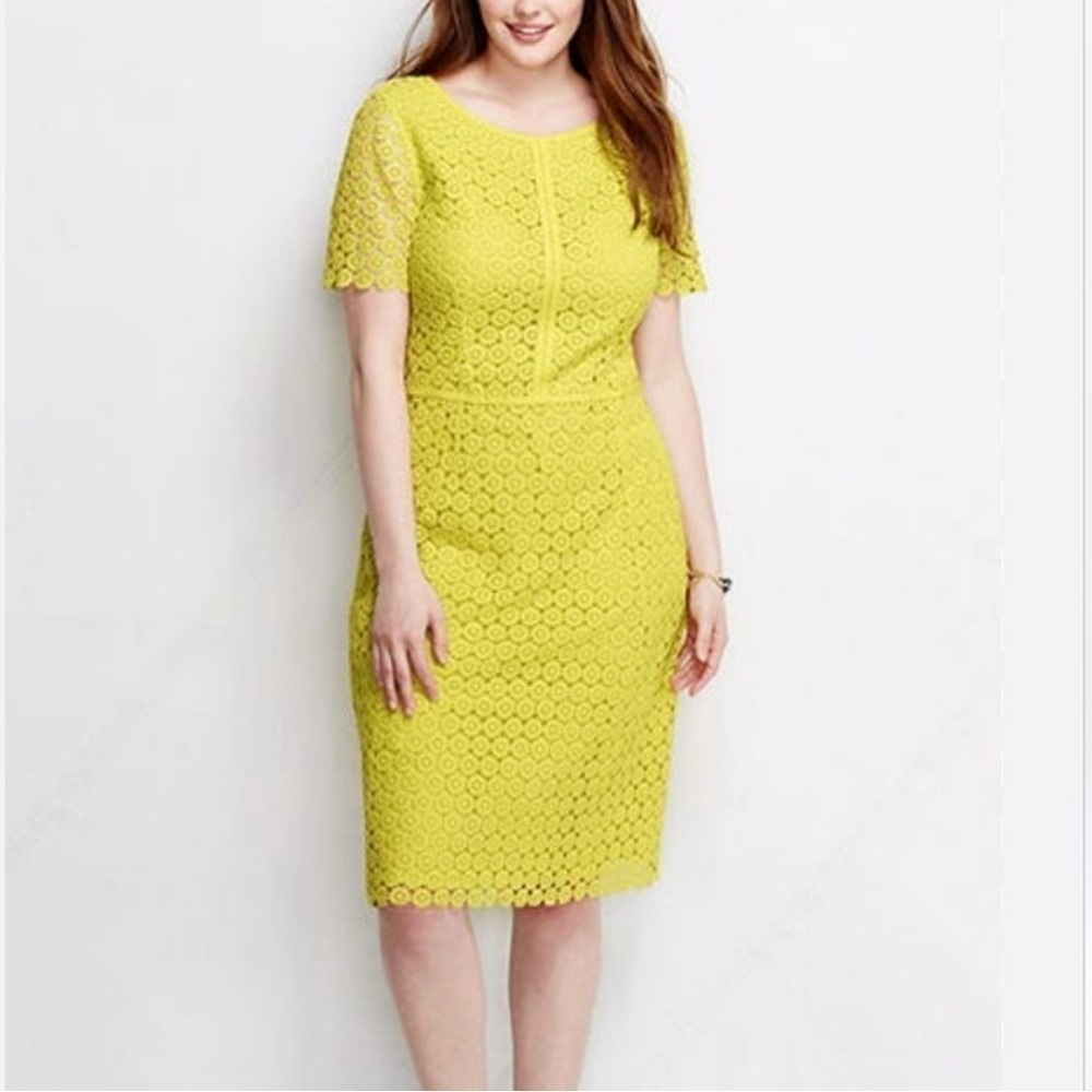 Lands End women’s yellow short sleeve lace overlay sheath dress size 18W
